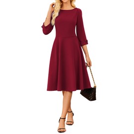 GRACE KARIN Women's Work Dress Semi Formal 3/4 Sleeve A Line Office Dresses Fit and Flare Classy Dress Wine Red S