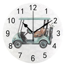 Wall Clock for Living Room Decor Watercolor Golf Cart PVC 9.8 Inch Hanging Round Desk Clocks Silent Non-Ticking Battery Operated Easy to Read Bathroom Kitchen Office