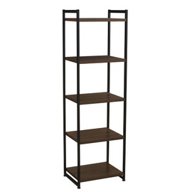 Household Essentials Jamestown Narrow 5 Shelf Open Storage Bookshelf Mid Century Walnut Wood Grain and Black Metal
