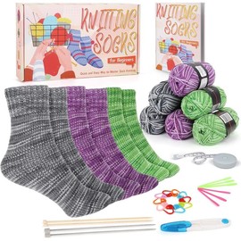 Knitting Kit for Beginners Adults, 6 count Socks Yarn for Knitting Kit /Step-by-Step Instruction and Knitting , Knitting Starter Kit for Beginners to Learn-to-Knit Craft Socks - Colour: gray-purple-green