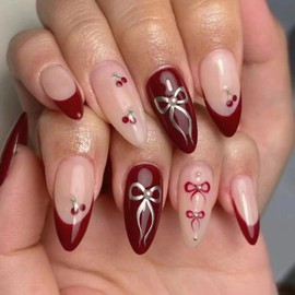 French Tip Press on Nails Short Almond Fake Nails with Red Cherry Bow Designs Glossy False Nails Cute Acrylic Nails Gel Glue on Nails for Women Girlfriend Gift 24 Pcs (Red-18, Nails-18)