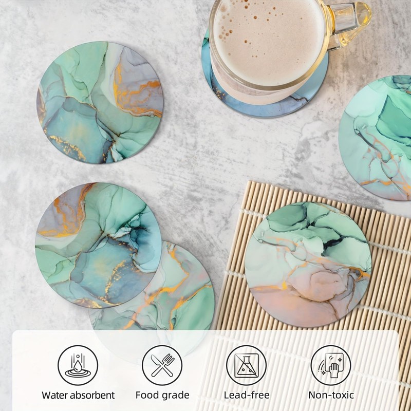 Vibiliyou Marble Green Pattern Coasters for Drinks with Holder Set