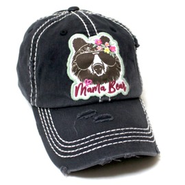 Womens Floral Monogram Cap Mama Bear Patch Embroidery Distressed Hat, Black