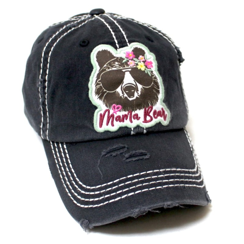 Womens Floral Monogram Cap Mama Bear Patch Embroidery Distressed Hat,