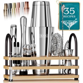 BARE BARREL® Mixology Bartender Kit Bar Set | 14-Piece Cocktail Shaker Set | Martini Barware Mixing Tools for Home Bartending | 35 Recipe Cards | Gift Set (28oz Boston Shaker, Silver/Natural)