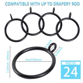 24 x Black Metal Curtain Rings with Eyelets for Curtain Pole 50mm Internal Diameter TXZWJZ