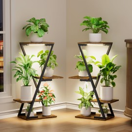 Plant Stand Indoor with Grow Lights - 2 Pack Corner Plant Shelf Indoor, 32" Tall Lighted Plant Shelves for Indoor Plants, 6 Tiered Z-Shape Flower Stands Display Holder for Living Room, Decor, Black