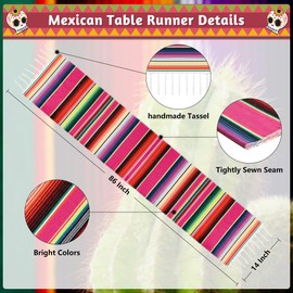 2 Pack Mexican Table Runners 14” x 84” Rainbow Colors Large Boho Mexican Theme Party Decoration for Cinco de Mayo Fiesta Party Day of The Dead