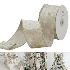 HUIHUANG Champagne Velvet Wired Ribbon 2.5 inch Double Sided Velvet Ribbon Thick Champagne Christmas Ribbon for Tree Decorations, Garlands, Wreaths, Gift Wrapping, Bows Crafts-Continuous 10 Yards