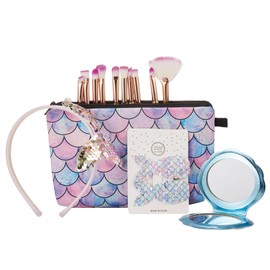 Mermaid Gifts for Girl friend, COSHINE 15pcs Unique Makeup Tools Gift Box-Mermaid Makeup Brushes, Cosmetic Bag, Head Band, Mirror and Hair Clip for Niece Daughter Her