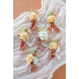 Ling's Moment Terracotta&Burnt Orange Boutonniere for Men Wedding with Pins-Set of 6-Groom and Groomsmen Boutonniere for Ceremony Anniversary, Dinner Party, Prom Flowers and Fall Vintage Wedding