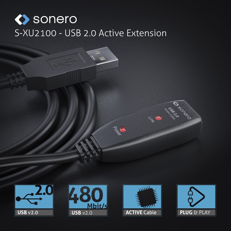 sonero® USB 2.0 Kabel, aktives Verlängerungskabel mit Signalverstärker, Datenkabel, USB-A