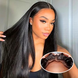 Real Hair Wig, 4x4 HD Lace Front Wig, Human Hair, Pre-Plucked, Straight Wear and Go Glueless Wigs, Human Hair Wigs for Black Women, Natural Black Colour, Wigs, Real Hair, No Glue, 56 cm/5