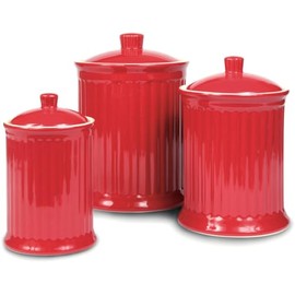 Omniware Simsbury 3-Piece Canister Set - Stoneware Kitchen Storage with Silicone-Sealed Lids, Lead-Free Glaze & Dishwasher Safe - Rustic Farmhouse-Style Flour & Sugar Containers (Red)