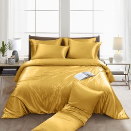 Ersmak 6 Pieces Satin Duvet Cover Full/Queen Size Luxury Silky Bedding Duvet Cover Set with 1 Soft Duvet Cover, 4 Queen Pillowcases and 1 Body Pillowcase, Gold