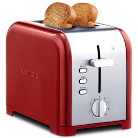Koolatron Kenmore 2-Slice Toaster, Stainless Steel, Red and Silver, with Extra Wide Slots, Self-Adjusting Bread Guides, Defrost, Bagel and Removable Crumb Tray, Small (KKTS2SR AZ)