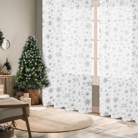 FRAMICS Silver Snowflake Foil Print Sheer Curtains for Living Room, White Christmas Curtains - 84 Inch Length x 52 Inch Width, 2 Panels Set with Rod Pocket