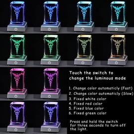 YWHL Crystal Doctor Gifts - Figura de caduceo 3D grabada con láser con base de luz colorida para estudiantes de medicina, profesionales médicos