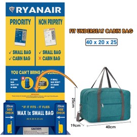 for Ryanair Airlines Underseat Cabin Bag 40X20X25 Foldable Travel Duffel Bag Holdall Tote Carry on Luggage Overnight for Women and Men 20L (Teal)