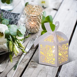 DOYIDE 50pcs Laser Cut Favor boxes, Wedding Favors Candy Boxes with Ribbons and Tags, Small Gift Boxes for Wedding,Party,Baby Shower,Bridal Shower (50-2x2x2.76, White)