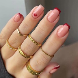 Valentine's Day Press on Nails Medium Length Square Fake Nails French Tip Design False Nails Nude Acrylic Full Cover Glue on Nails Stick on Nails for Women Girls Manicure Decorations 24Pcs（Red Heart）