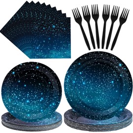 CANREVEL 96 PCS Galaxy Party Plates Serve 24, Space Plates and Napkins Forks Set, Disposable Tableware for Galaxy Birthday Party Supplies Decorations for Boys Kids Men Adult