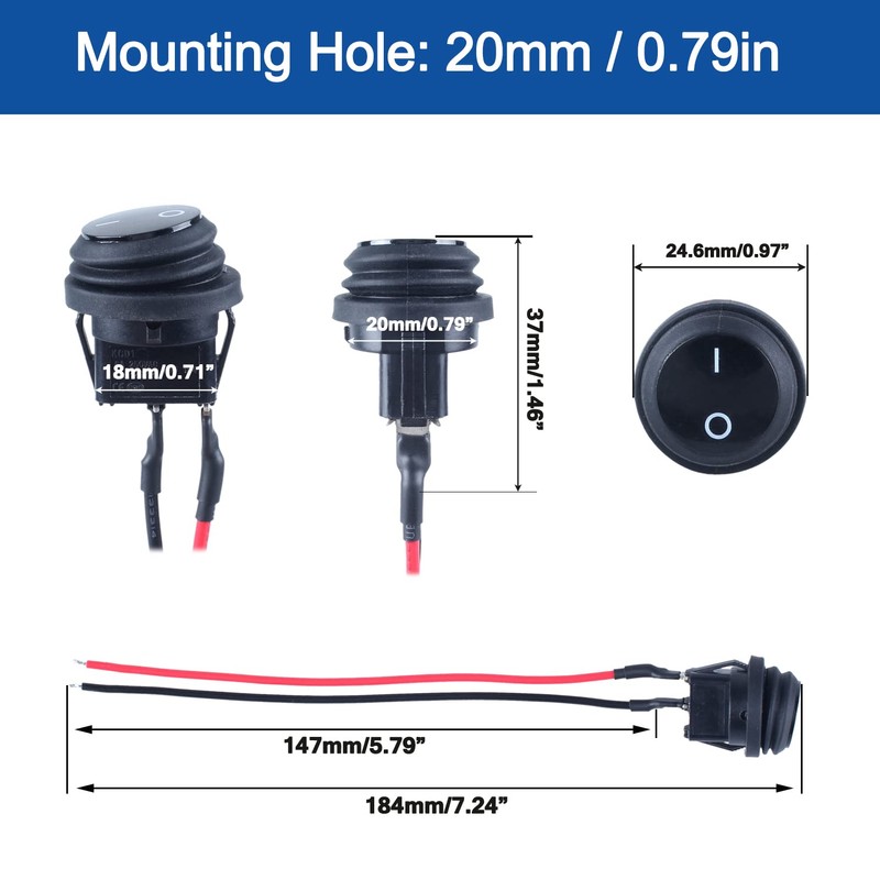 DMWD Waterproof 20A ON-Off Round Rocker Toggle Switch 2 Pins