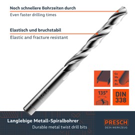 Presch Metal Drill Bit Set HSS Pro 19 Pieces - Precision Ground, Hardened Professional Steel Drill Bit Set for Steel, Aluminium, Copper and Brass - Durable Metal Drill Set in Professional Quality