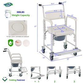 HEALTHLINE Shower Bedside Commode Chair Padded Seat With Wheels by Healthline, Medical Commode Toilet Rolling Shower Chair With Casters (4 Wheels Brakes), Commode Padded Backrest and Seat