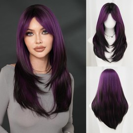 7JHH WIGS Long Dark Purple Ombre Wig with Bangs for Women Heat Resistant Fiber 25 Inch Layered Synthetic Hair Wigs with Dark Roots for Daily Use