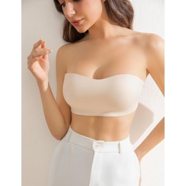 Strapless Bras for Women Nude Bra Push Up Women's Tube Top Bandeau Bra Bralette Plus Size Wireless Non-Slip Padded Womens Tops for Gowns and Evening Dresses Nude-S