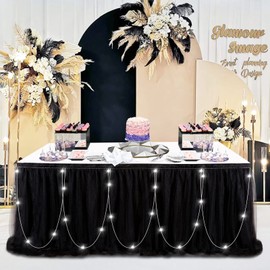 Black Tulle Tutu Table Skirts for Rectangle or Round Tables 6ft Black Table Cloth with LED for Birthday Party Banquet Wedding