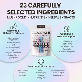 23 in 1 Superfood Coffee Creamer, Mushroom Coconut Creamer | Ashwagandha, Magnesium Glycinate, Hyaluronic Acid, MCT & 10 Mushrooms Supplement | Nootropic & Focus Support | Plant-Based, Keto - 6.35oz