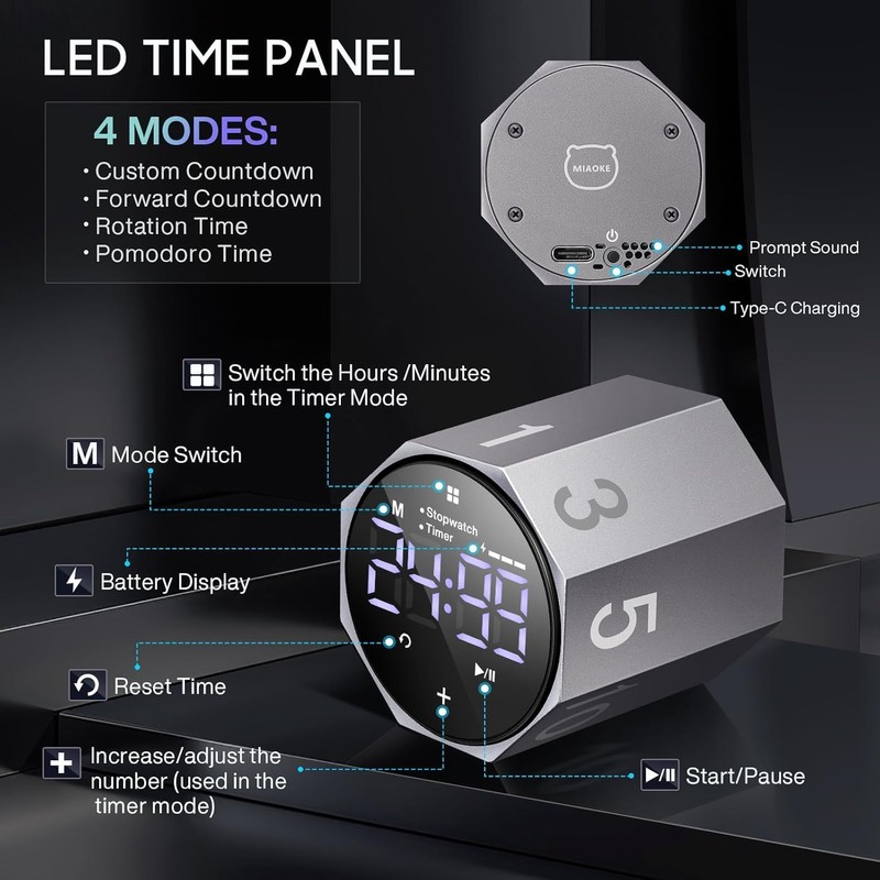 MIAOKE Pomodoro Timer-Aluminum Alloy Frosted Metal LED Large Screen Digital