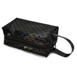 TOPASION Portable Mesh Makeup Bag with Zipper Small Travel Toiletry Bag Lightweight Cosmetic Pouch (Black&Black Heart with Handle)