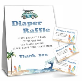 YKYENR Surf Beach Theme Baby Shower Party, Diaper Raffle Game Kit，1 Diaper Raffle Standing Sign & 50 Tickets，Baby Shower Decorations，Party Favor And Supplies-NBLK-A08