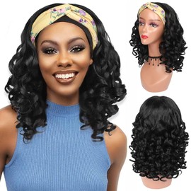 17Inch Curly Wigs for Black Women Long Curly Headband Wig None Lace Front Glueless Wig Soft Big Bouncy Fluffy Big Curls Wig Heat Resistant Synthetic Wig for Daily Party Use (T30# Brown)