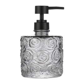 Marcella Glass Soap Dispenser with Soap Pump, Refillable 14 Ounce Capacity, Floral Design Rose Patterns, Heavy Weight Thick Glass for Bathroom, Premium Kitchen Soap Dispenser (Grey)
