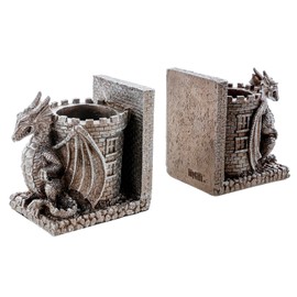 MyGift Gothic Brown Resin Dragon Guarding Castle Heavy Duty Bookends and Pencil Holder, Decorative Fantasy Inspired Dragons Tower Office Desk Pen Cup Book Ends, 1 Pair