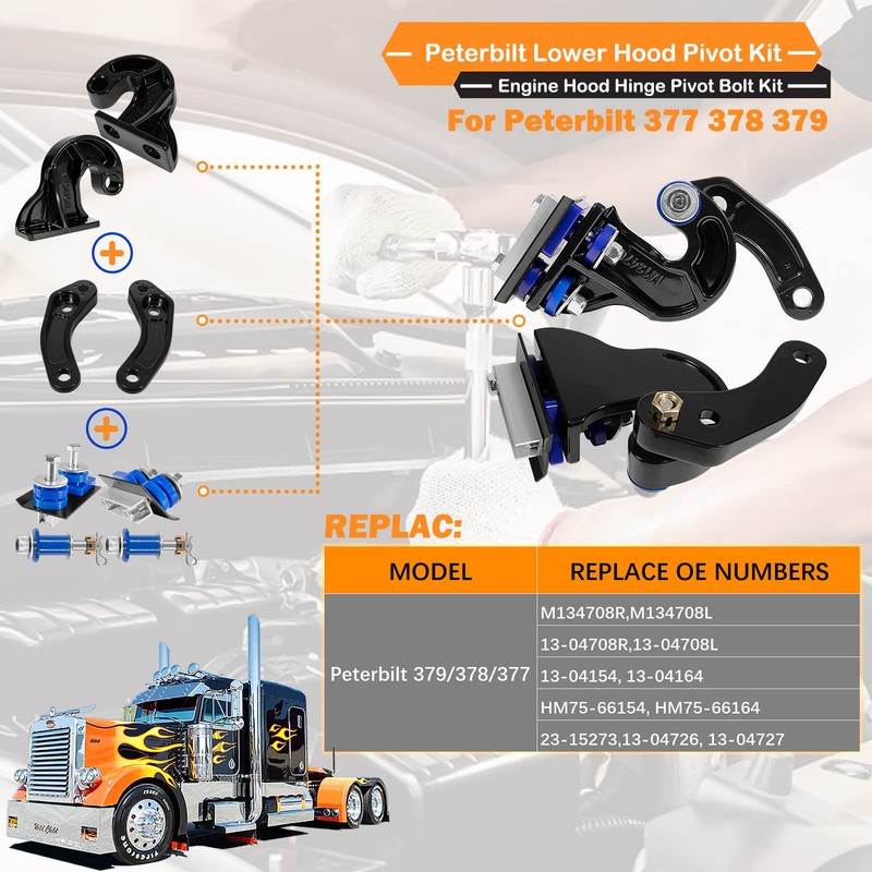 for Peterbilt Lower Hood Pivot Kit & Hinge Bolt &