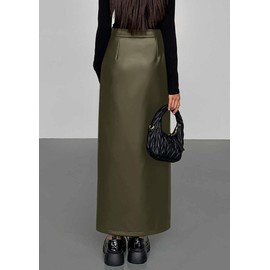 PRETTYGARDEN Womens Faux Leather Skirts 2025 Fall Fashion Bodycon High Waisted Slit Work Office Winter Maxi Long Pencil Skirt (Dark Army Green,XX-Large)