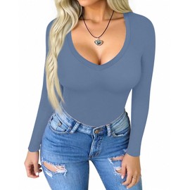 Ekouaer 3 Pack Long Sleeve Shirts for Women Deep V Neck Basic Thermal Tops Base Layer Undershirts Black/White/Dusty Blue M