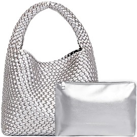 JINMANXUE Woven Tote Bag for Women, Fashion Hobo Handbag, Travel Top-handle Shoulder Bag, Beach Underarm Bag with Purse (Bright Silver)
