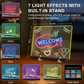 LED Note Board with 6 Colors, 11.8 X 7.9 4 Light Modes & Touch Control, Light Up Acrylic Dry Erase Board with Invisible Stand, 7 Markers, Message Board for Room, Office, Holiday Gift (Plug-in)
