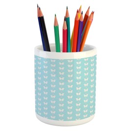 Lunarable Bunny Pencil Pen Holder, Themed Pattern of Smiling Rabbits and Hearts Easter Season Spring, Ceramic Pencil Holder for Desk Office Accessory, 3.6" X 3.2", Pale Blue Pale Pink