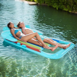 4E's Novelty 2 Person Inflatable Pool Lounger Float for Two Adults with Phone & Cup Holders - Extra Large Heavy Duty Beach Floats, Tanning Pool Rafts, Double Lake Floaties Floating Mat