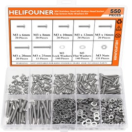 HELIFOUNER 550 Pieces M3 x 6mm /8mm /10mm /12mm /16mm /20mm /25mm, Button Head Socket Cap Screws Bolts Washers Nuts Kit, 304 Stainless Steel