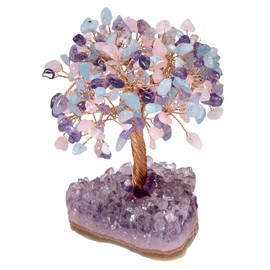 Nupuyai Rose Quartz & Amethyst & Aquamarine Tree of Life Natural Geode Based Stone Feng Shui Crystal Tree Handmade for Indoor Decoration and Reiki Chakra