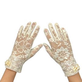 aoozleny Women Lace Floral Gloves Non-slip Elegant Short Bow Lace Gloves for Wedding Parties Driving Cycling (beige)
