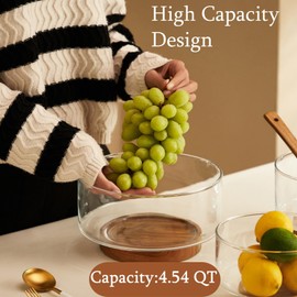 CiCixixi Large Glass Salad Bowl with Acacia Wood Base and Salad Tongs 4.54QT Glass Fruit Bowl Salad Serving Bowls for Kitchen Utensils and Party